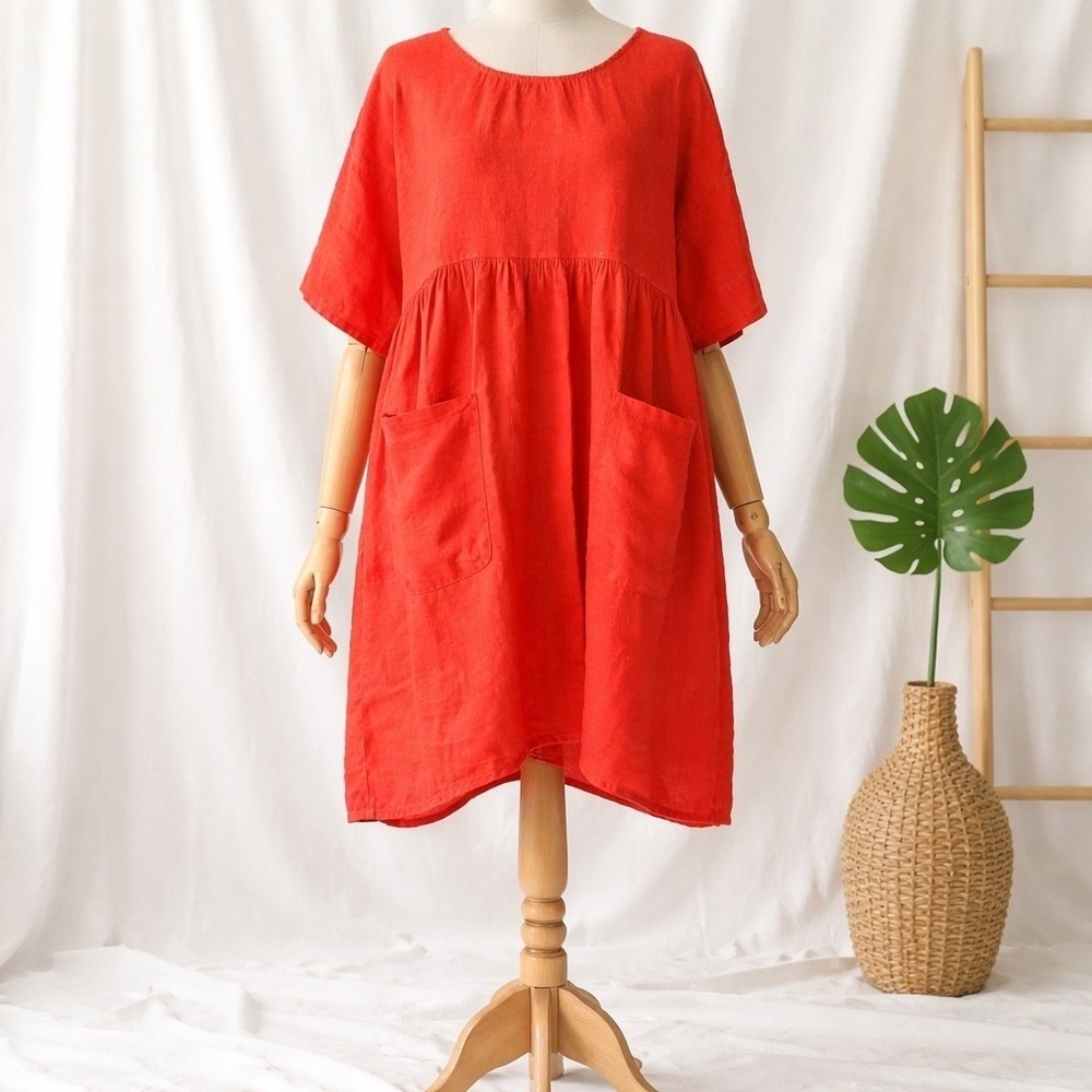 JS Millenium Coral Linen Lagenlook Smock Dress One Size Oversized‎ Made In Italy